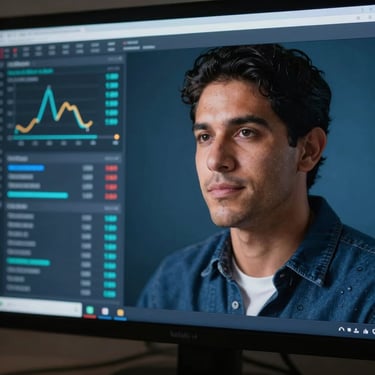 Close up photography of digital analytical software on a screen showing health management metrics, with a professional South American / Brazilian vibe. Deep blue aesthetic.