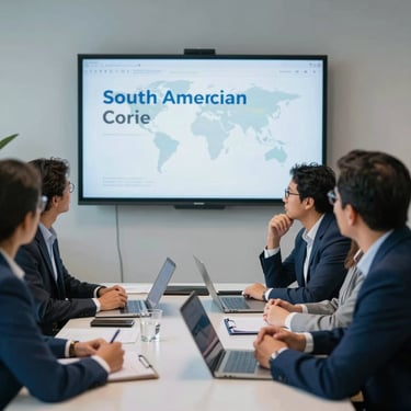 South American / Brazilian professionals in a collaborative office meeting, focusing on a presentation on a screen. High-end business setting, professional blue tones.