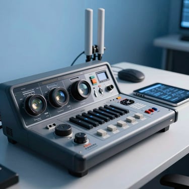 Detail shot of a high-tech telecommunications console and a digital tablet on a clean white desk, focused lighting, sky blue and deep dark blue atmosphere.