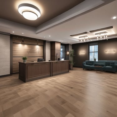 Cozy boutique interior showcasing rich hardwood floors and elegant lighting accents.