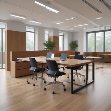 A sleek office featuring polished luxury vinyl flooring with natural wood patterns and modern furnishings.