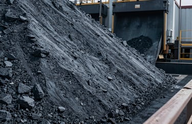 Detail shot of an industrial scale at a mineral loading dock. Sharp focus, clean textures, professional industrial photography. International / Global. Dark slate grey-blue color palette.