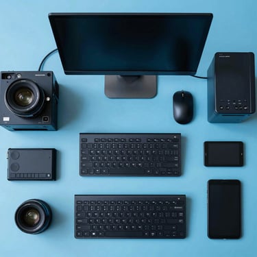 A top-down photograph of a workspace with high-end digital devices and a clean layout, using sky blue and navy blue color tones, set in a North American corporate environment.