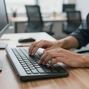 An action shot of hands working on a modern keyboard with a soft-focus background of a clean US office space, emphasizing efficiency and high-tech productivity.