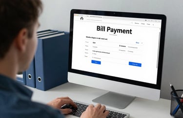 An over-the-shoulder shot of a person interacting with a professional bill payment interface on a desktop computer. The workspace is organized with steel blue office supplies and a soft mist white backdrop.