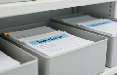 Close-up of organized medical files in a modern storage system within a bright South American medical clinic, clean lighting.
