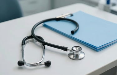 A professional medical stethoscope resting on a clean white desk next to a light blue folder, soft cinematic lighting, professional clinic setting in South America.