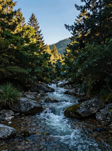 A gentle mountain stream flowing through a dense forest under a clear sky blue morning light, representing tranquil vitality.