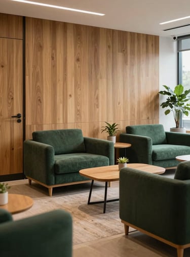 A sophisticated lounge area in a US-based corporate wellness center featuring natural wood and dark green upholstery.