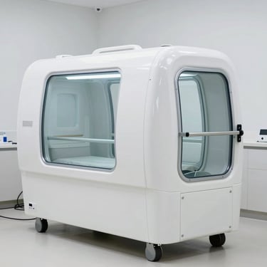 A sleek, professional medical-grade oxygen chamber made of white composite materials in a bright, minimalist setting.