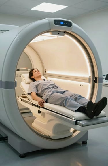 An interior shot of a person in professional attire relaxing inside a spacious, brightly lit smart oxygen chamber.