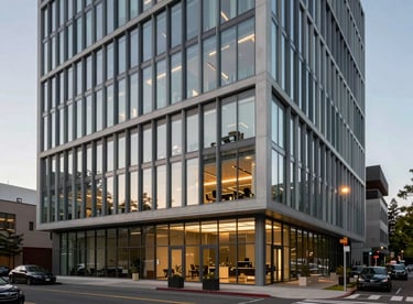 A modern office building in a Pacific Northwest setting with a focus on sustainable, tech-integrated architecture.