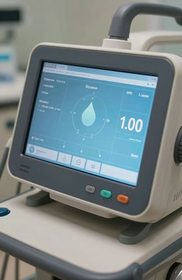 A close-up of a digital interface on a medical device displaying sky blue wellness metrics in a high-tech North American clinic.