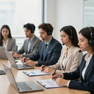 A diverse group of professional South American call center agents in a collaborative meeting, discussing service quality metrics in a bright office.