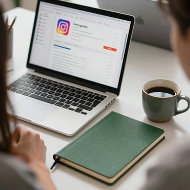 Close-up of a digital marketing team's workspace with a laptop showing Instagram analytics, a matte forest green notebook, and a ceramic cup of coffee.