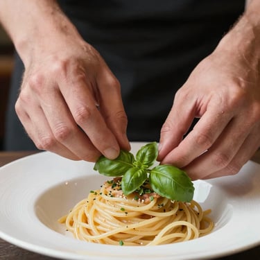 Close-up of hands delicately arranging a fresh sprig of basil on a pasta dish for a professional photo shoot, blurred restaurant background.