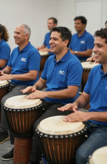 A rhythmic percussion workshop with a group of employees playing djembe drums together, laughing and focused, professional lighting, corporate casual attire with #3A5C54 accents.