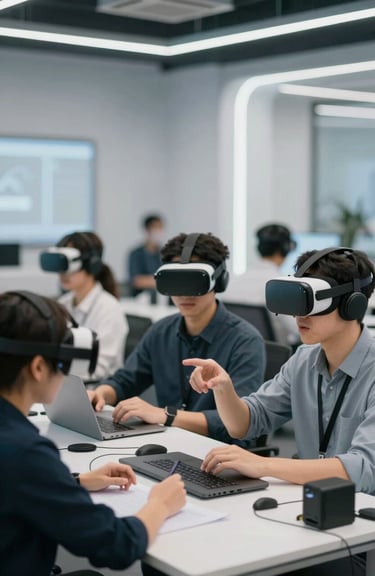 An innovative technology workshop with team members using VR headsets and collaborating on a digital project, futuristic and dynamic vibes incorporating #8B9F9A.