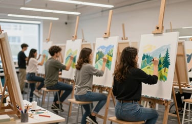 A large-scale collaborative painting workshop where team members are painting a shared canvas in a bright studio, reflecting a spirit of shared purpose and creativity.