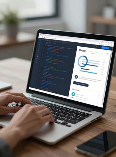 Close up of a professional using a laptop with code and marketing analytics on the screen, soft office lighting, high-end professional atmosphere in #0E1B2C tones.