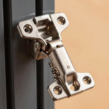 A macro studio photograph showing the internal mechanical spring system of a hydraulic glass door hinge. Polished steel components, warm gray tones, sharp technical precision focus with an orange-lit background.