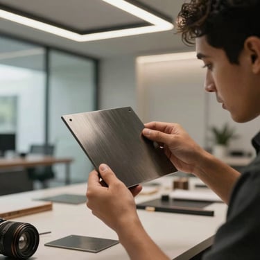 A close-up of a premium architectural designer in Latin America examining a dark metal patch fitting, feeling its brushed texture. Sophisticated indoor workspace with glass partitions and soft overhead architectural lighting.