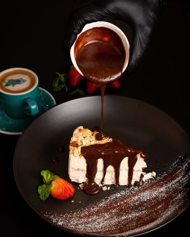 chocolate pouring shot Plated dessert photography for restaurant menu, Dubai