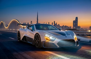luxury supercar Photography at sunset with dubai skyline view