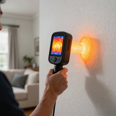 A high-end thermal imaging camera showing heat signatures on a wall, held by a technician in a North American / US (Florida) residential living room.
