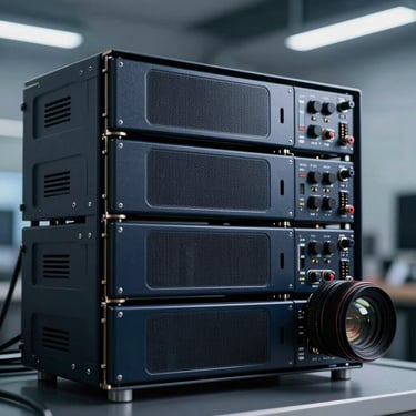 Professional cloud networking hardware in a clean, temperature-controlled environment, emphasizing reliability and dark navy tones.