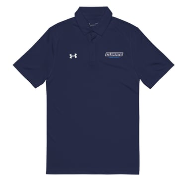 Navy blue Under Armour performance polo shirt featuring the Climate Disc Golf logo on the chest.