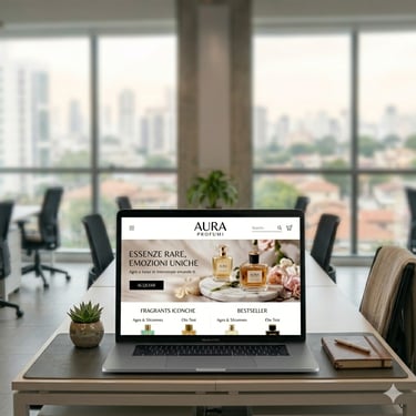 Aura Profumi luxury perfume website displayed on a laptop screen in a modern office setting.