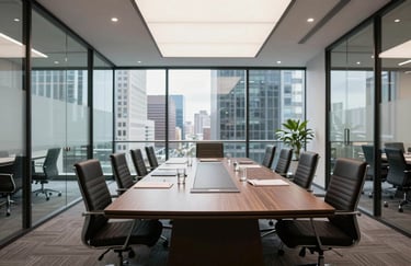 A sophisticated wide shot of a modern glass-walled boardroom in a US city. The lighting is bright and professional, showing a clean, high-contrast environment ready for a high-level creative meeting.