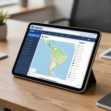 A modern tablet showing a logistics tracking map with a medium blue interface on a clean wooden desk, blurred professional office background, South American context.