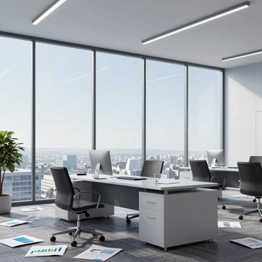 Professional business partners discussing financial strategies in a modern office with dark-themed decor.