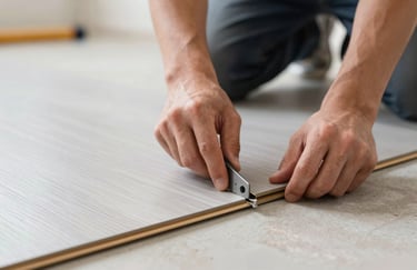 Close-up of a professional worker's hands precisely cutting and fitting vinyl flooring at a corner edge. Focus on craftsmanship and tools, professional work environment.