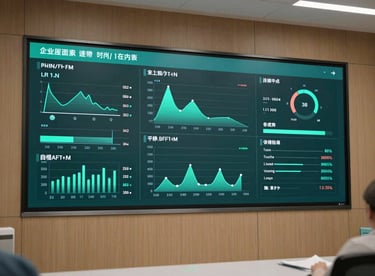 An interactive digital dashboard showing medical health metrics, displayed on a large screen in a North American / Canadian hospital boardroom, dark green and very dark cyan theme.
