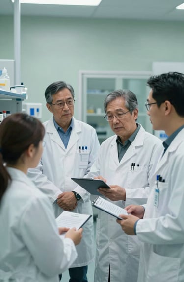 A team of North American / Canadian medical researchers in a lab setting, discussing AI-driven data for obesity management, light muted green and very light cyan environment.