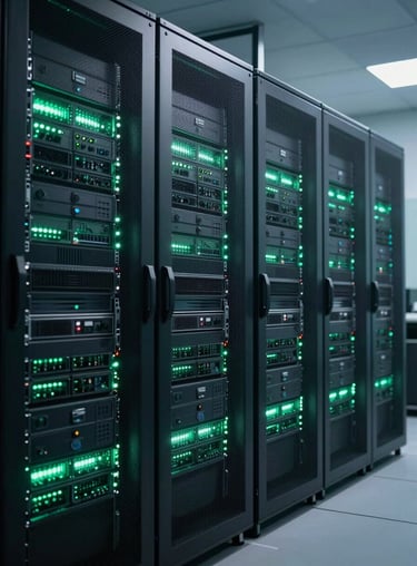 A state-of-the-art server room representing a medical AI ecosystem, illuminated with very dark cyan and light muted green lights, located in a North American / Canadian tech hub.