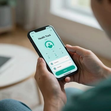 A close-up of a North American / Canadian patient interacting with a health tracking app on their phone in a modern home environment, very light cyan and dark green colors.