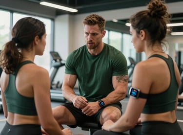 A North American / Canadian fitness coach consulting with a client in a modern wellness center, using smart wearable technology, dark green accents.