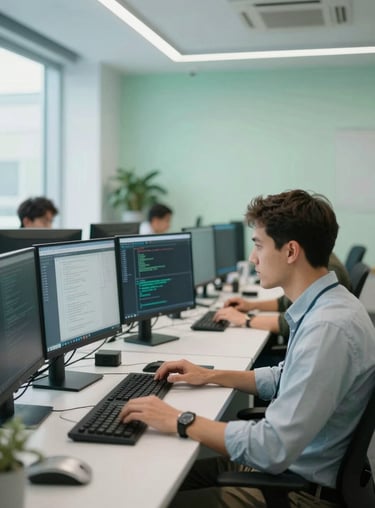 A sophisticated North American / Canadian office workspace where health-tech developers are coding artificial intelligence agents, bright modern lighting with very light cyan and light muted green details.