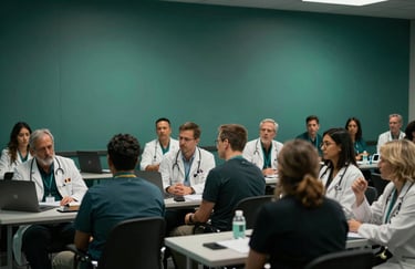 A North American / Canadian medical conference setting where professionals are engaging in a continuous medical education session, dark green and very dark cyan ambient lighting.