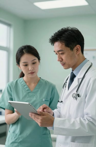 A North American / Canadian doctor and a nutritionist collaborating over a tablet in a bright clinic, sophisticated light muted green and very light cyan tones.