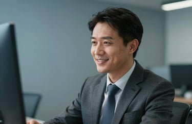 A professional portrait of a financial advisor looking at a screen with a supportive expression, set against a blurred muted slate blue office background.