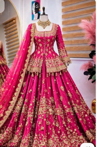 Shocking Pink Bridal Peplum Lehenga with Heavy Gold Zari Embroidery - Sana Fashion House