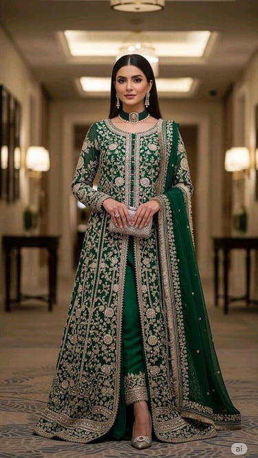 Woman wearing a dark green embroidered Pakistani bridal lehenga set with gold zari work.