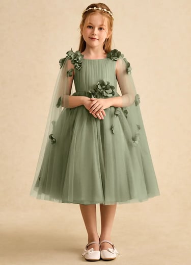 Sage Green Girls' Tulle Party Dress with Floral Appliqués and Cape Sleeves - Sana Fashion House