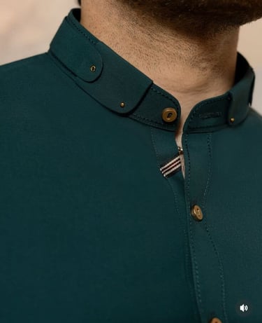 Emerald Green Men's Kurta with Designer Ban Collar and Gold Stud Details - Sana Fashion House