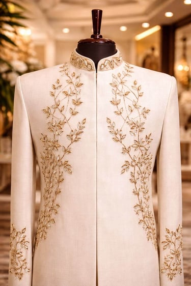 Elegant cream wedding sherwani for men featuring intricate gold floral leaf embroidery on a mannequin.